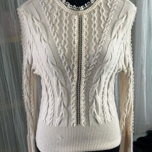 Express White Crew Neck Sweater with Cable Knit Design